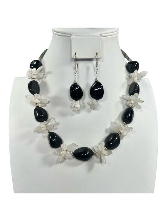 Jewelry - Silver Sheen Obsidian & Moonstone 925 Chunky Beaded Gemstone Necklace & Earrings